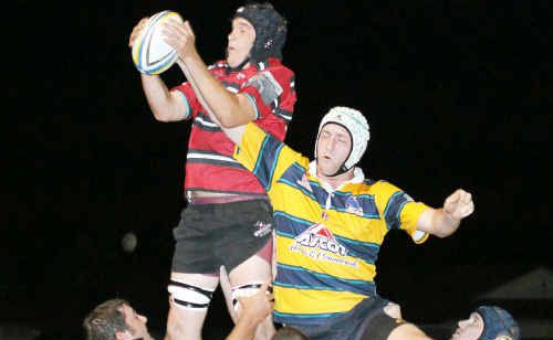 Wests Barbarian James Courtice soars higher than Alloway Falcons Anthony Matthews to win this line-out on Friday night. Wests Barbarian James Courtice soars higher than Alloway Falcons Anthony Matthews to win this line-out on Friday night.